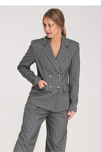 tailleur femme deux pièces blazer croisé double boutonnage pantalon droit gris anthracite fines rayures blanches structuré col revers