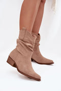bottines femme suédine écologique taupe talon carré confort bout amande fermeture éclair tige plissée style western surpiqûres semelle contrastée boho