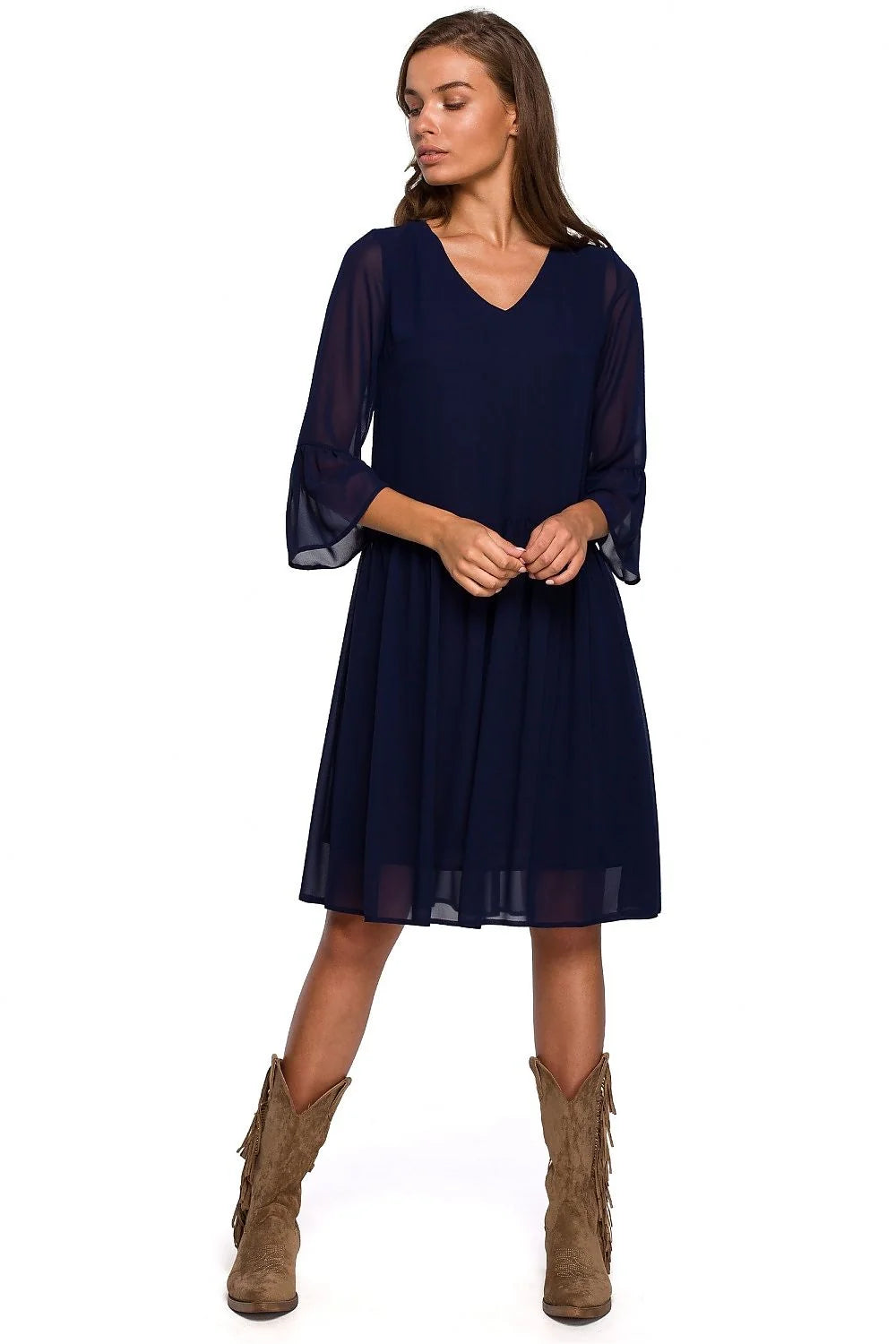 robe cocktail bleu marine col V manches troisquarts transparentes fluides polyester léger doublure opaque jupe plissée tombé fluide coupe ample