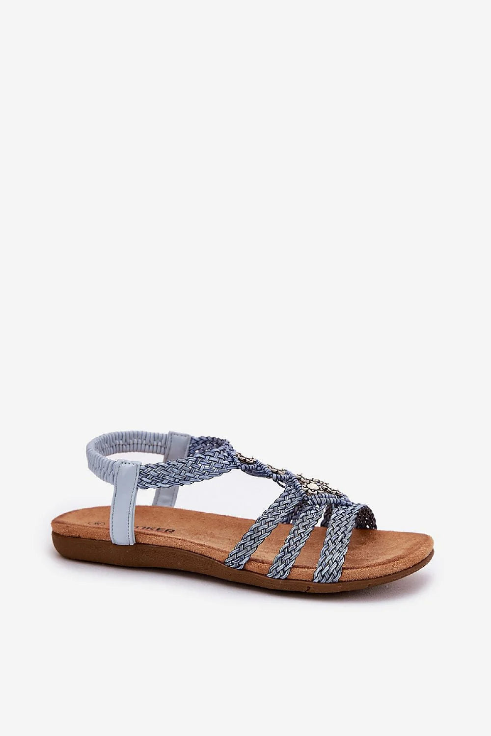 Sandales pour femme style bohème-chic lanières tressées couleur bleu doux détails ivoire semelle intérieure en cuir été 2023