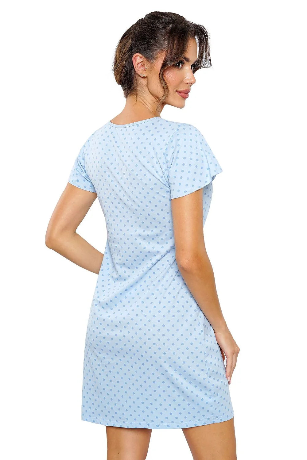 Chemise de nuit Donna en coton doux bleu clair à pois courts manches femme confort