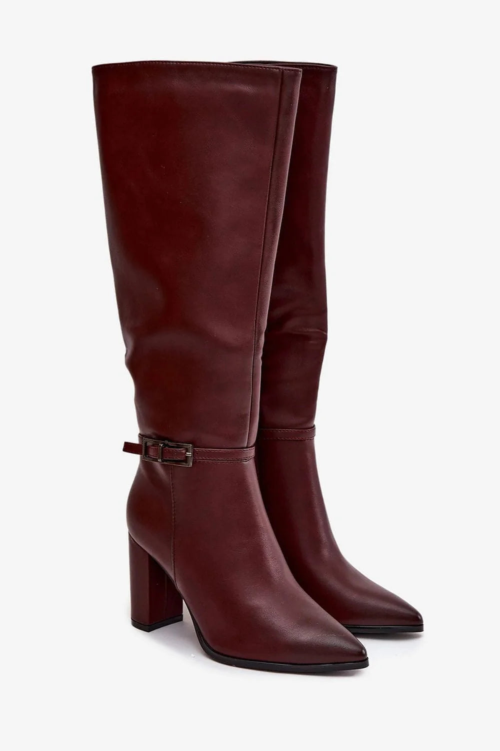bottes hautes femme bordeaux simili cuir lisse tige genou bout pointu talon bloc stable bride fine boucle métal doublure fourrure