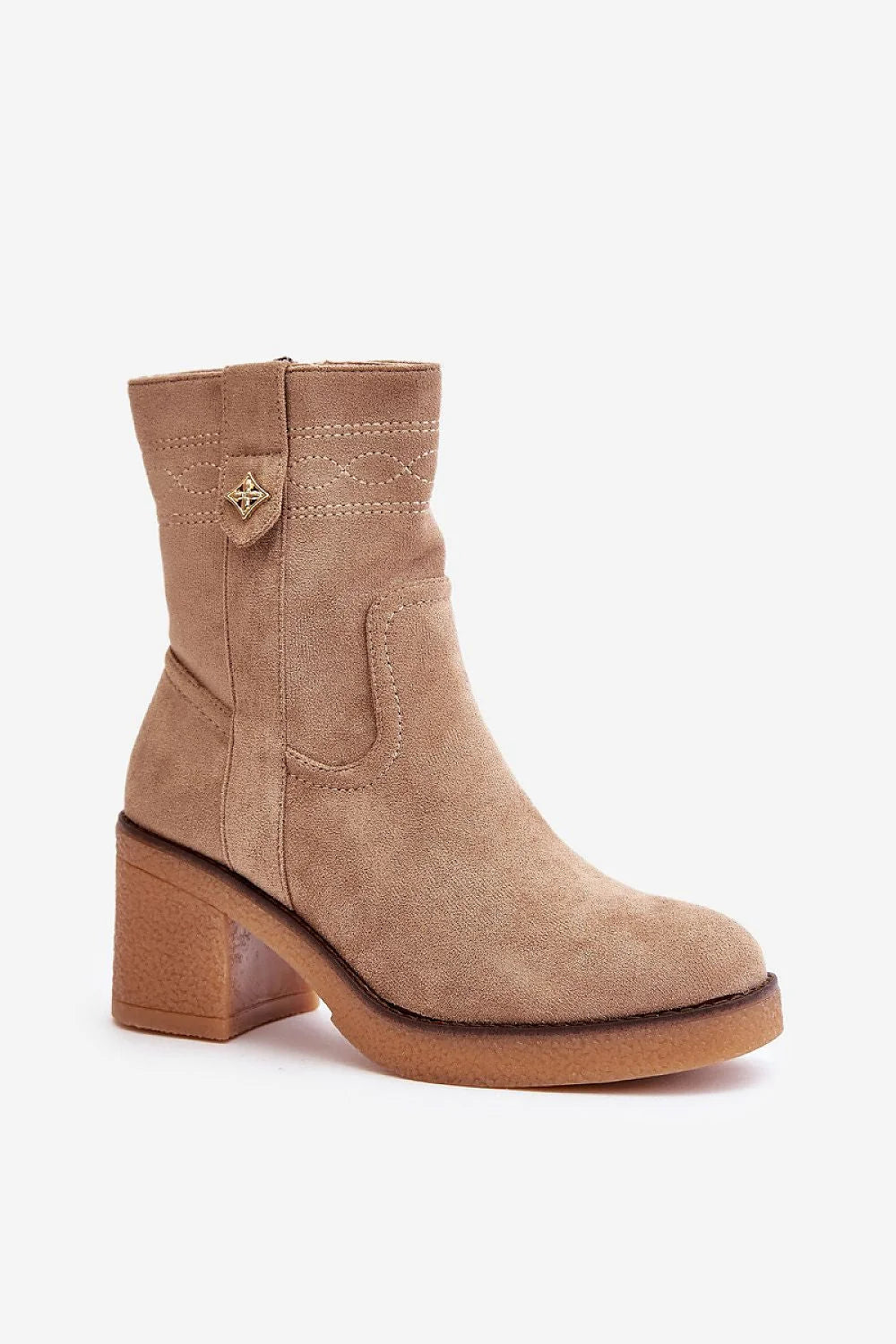 bottines femme cuir suédé écologique beige mi mollet talon bloc 7 cm semelle gomme bout arrondi