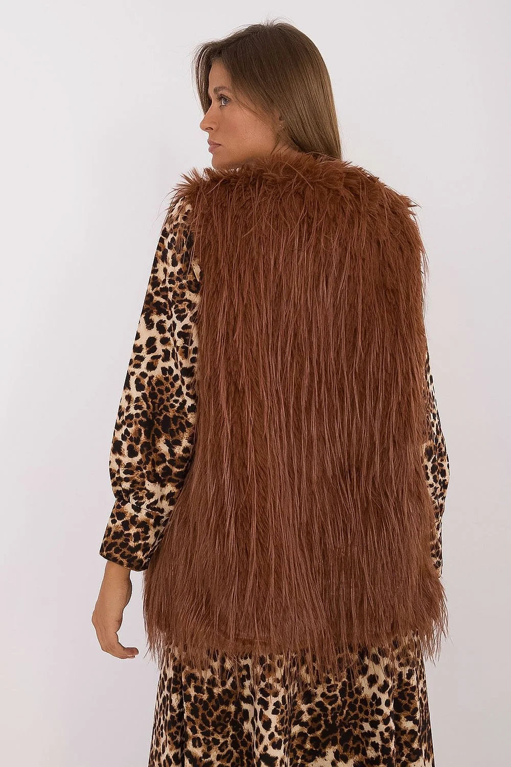 Gilet en fausse fourrure couleur brun rouille style casual sans manches polyester sans capuche ni doublure femme