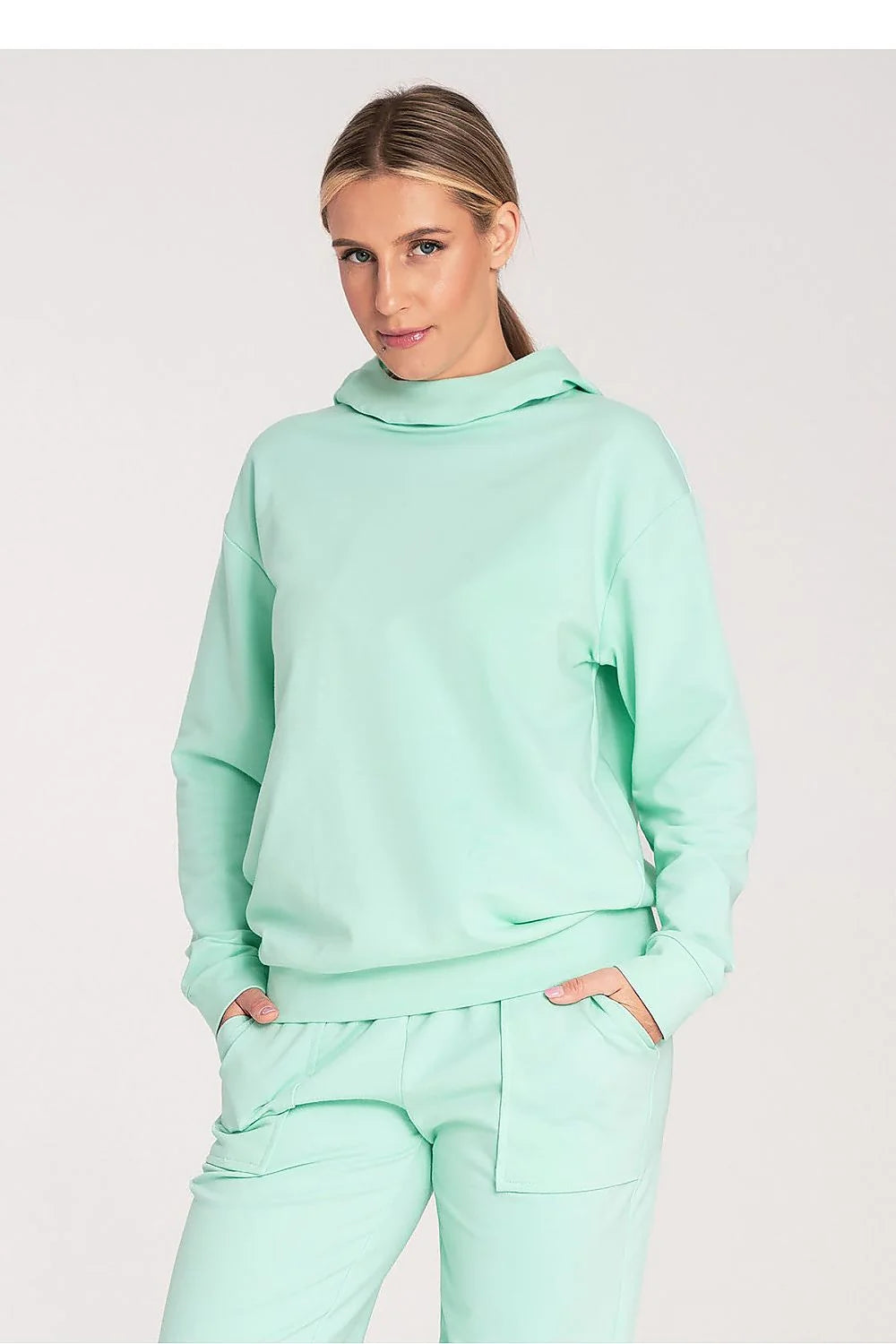 Sweatshirt Figl femme coupe ample col montant capuche manches longues coton élasthanne vert menthe pastel