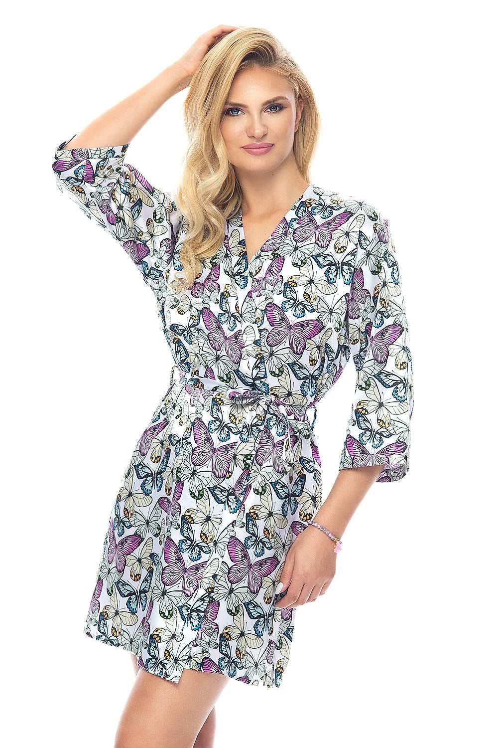 Peignoir satin multicolore casual motifs papillons confort manches trois-quarts détente maison ou vacances
