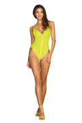 Body sexy en tulle jaune fluo transparent avec bretelles fines et détails strass élégants