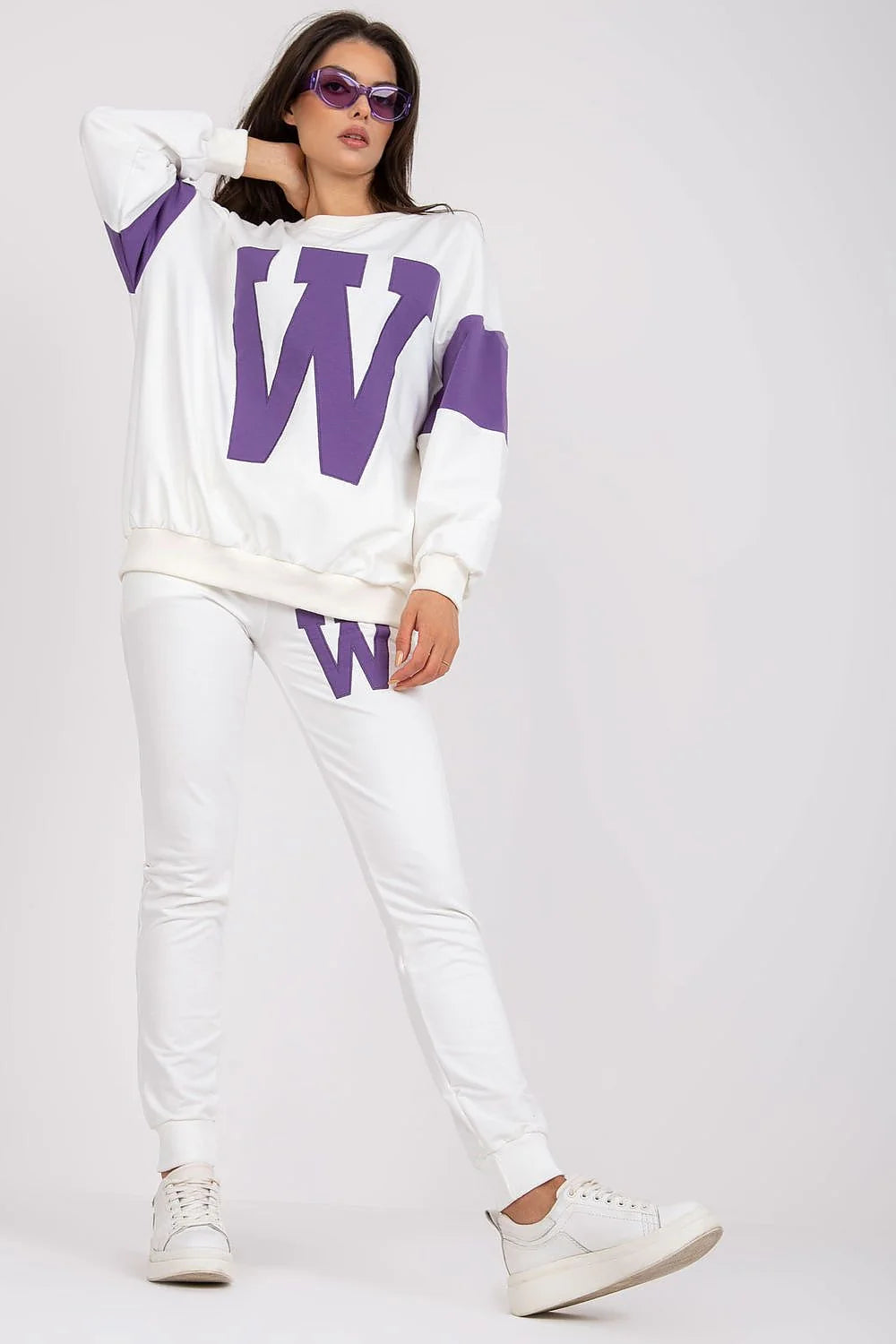 Ensemble Fancy pour femme sweatshirt manches longues pantalon slim taille élastique coton élasthanne blanche orange tendance mode