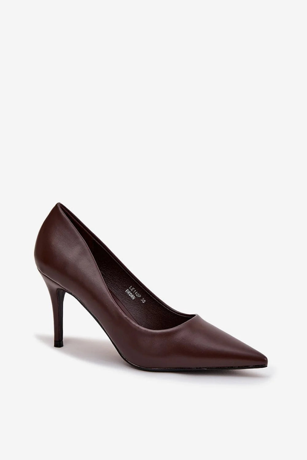 escarpins femme simili cuir marron chocolat talon aiguille mihaut bout pointu finition mate vamp dégagée silhouette élancée professionnelle soirée confort