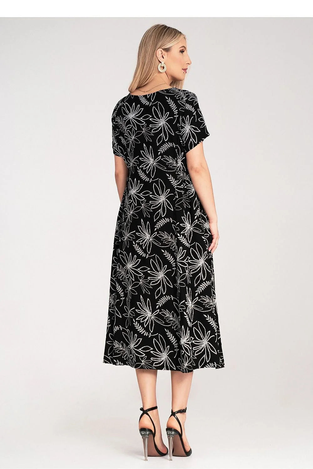 Robe de jour Figl à manches courtes col rond imprimé floral blanc sur fond noir taille ajustable femme