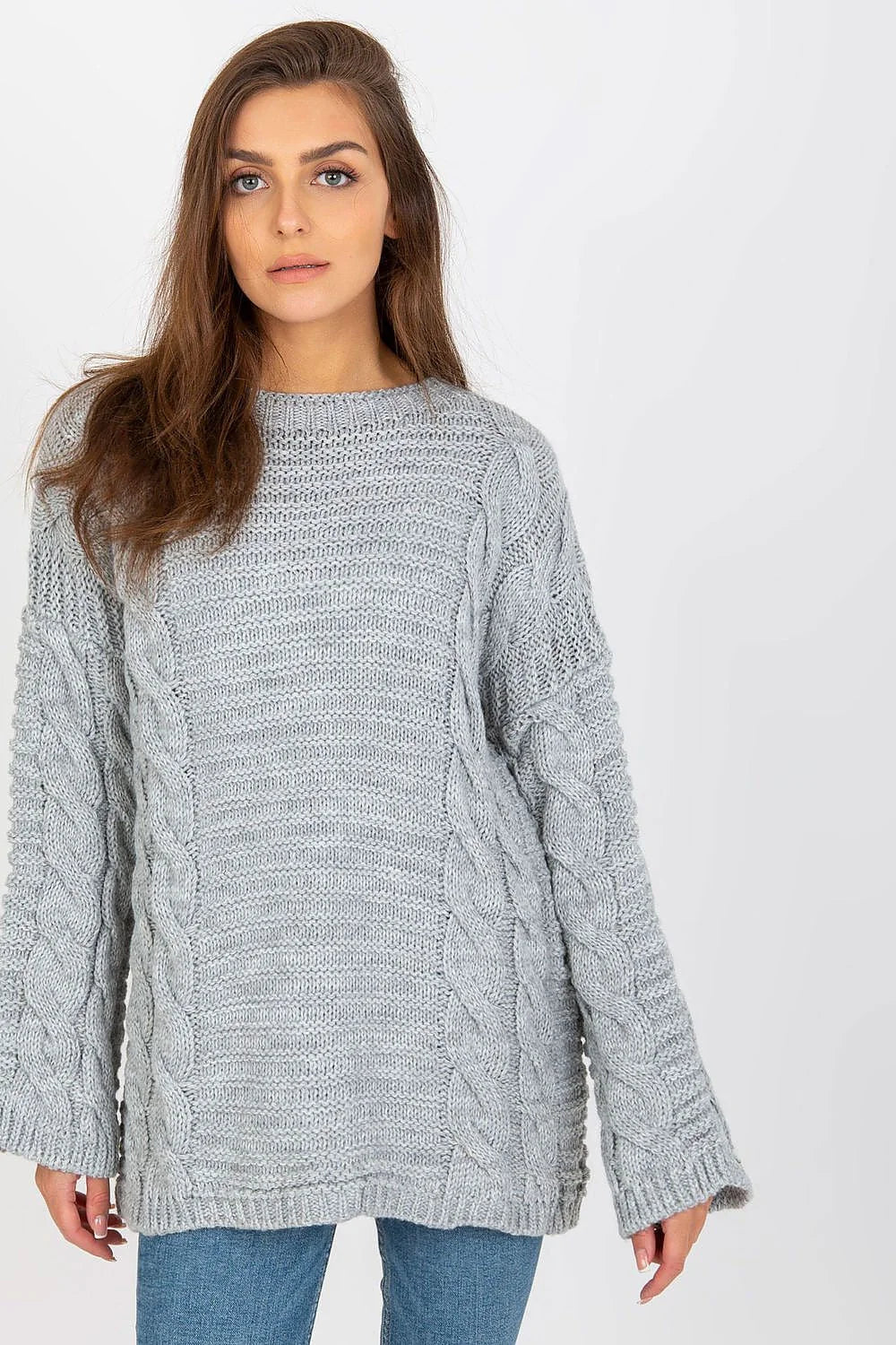 Chandail Rue Paris pull tricot maille torsadée manches longues col rond laine acrylique gris clair femme