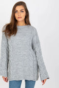 Chandail Rue Paris pull tricot maille torsadée manches longues col rond laine acrylique gris clair femme