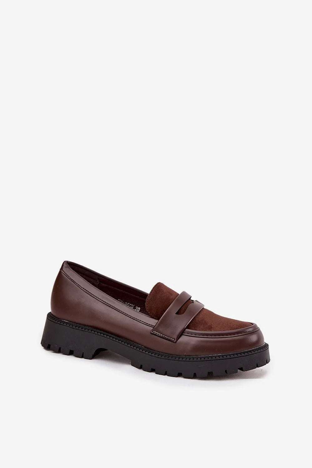 mocassins femme marron foncé simili cuir empiècement suède bout arrondi slipon semelle crantée caoutchouc antidérapante talon bas confortable