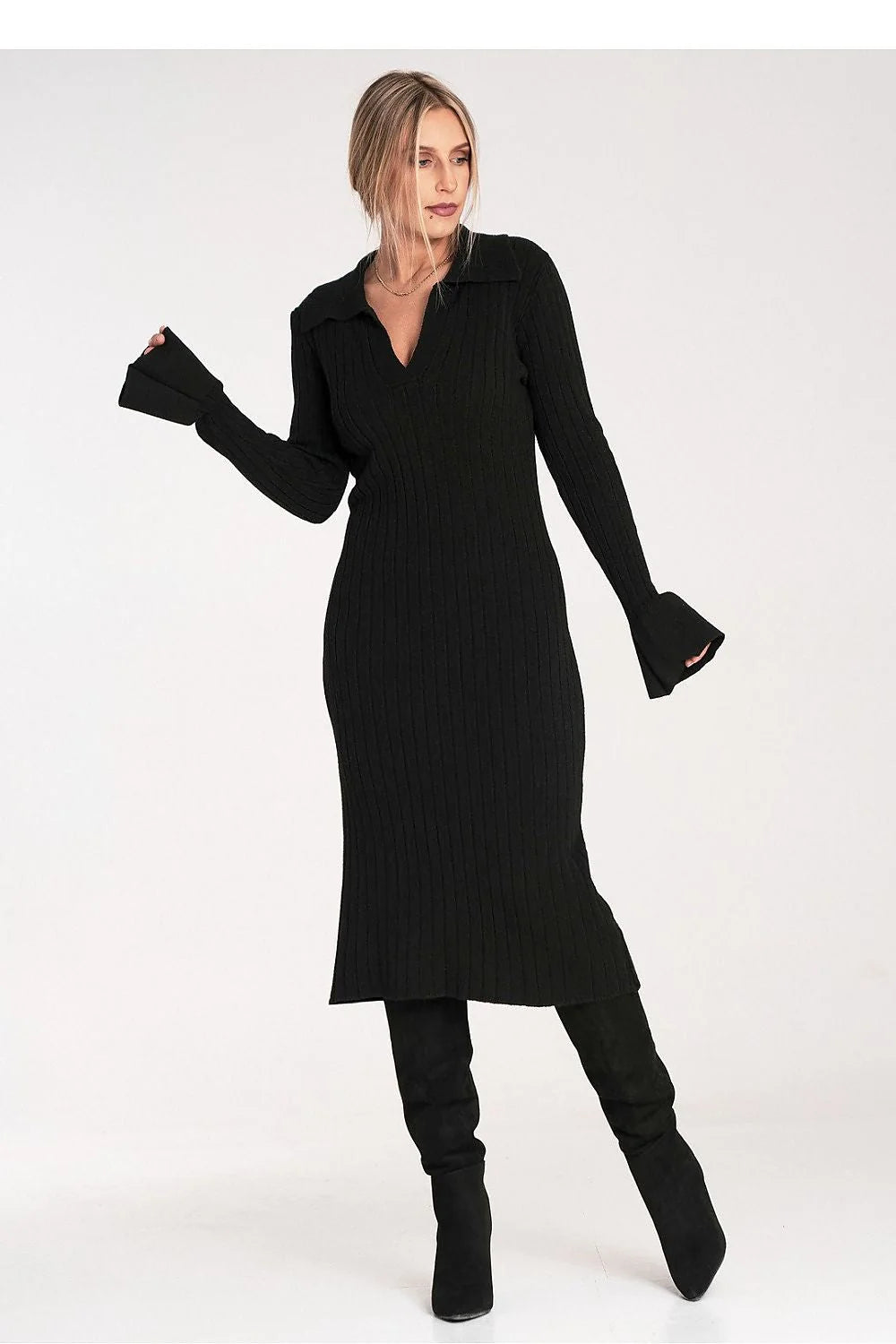robe pull midi femme maille côtelée noire coupe droite près corps encolure V profonde manches longues tricot stretch mi mollet