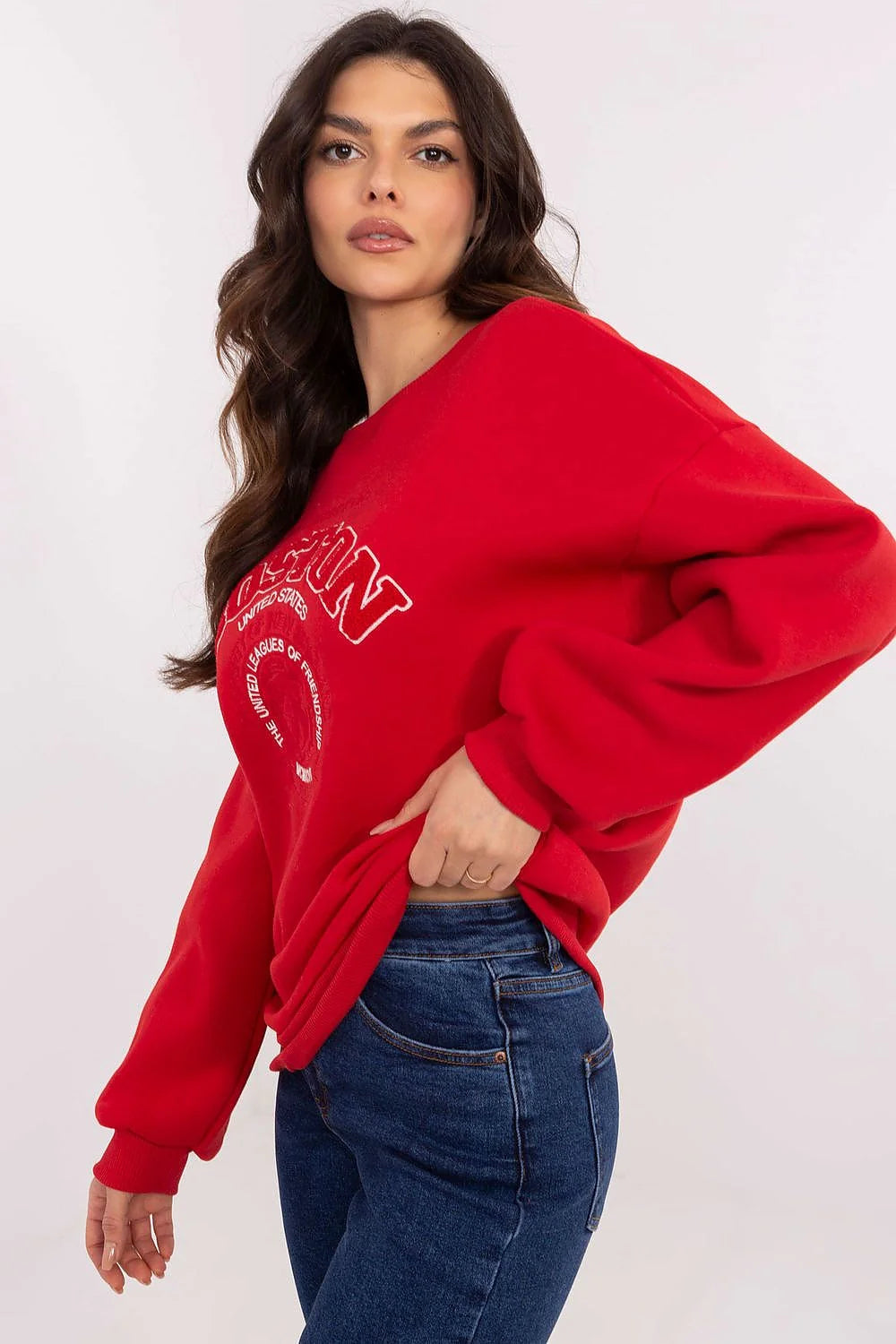Sweatshirt femme style urbain couleur rouge vif graphique Boston manches longues en coton polyester