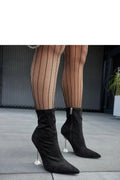 bottines femme noires suédine mi cheville tige ajustée bout pointu fermeture éclair latérale talon aiguille transparent sculpté