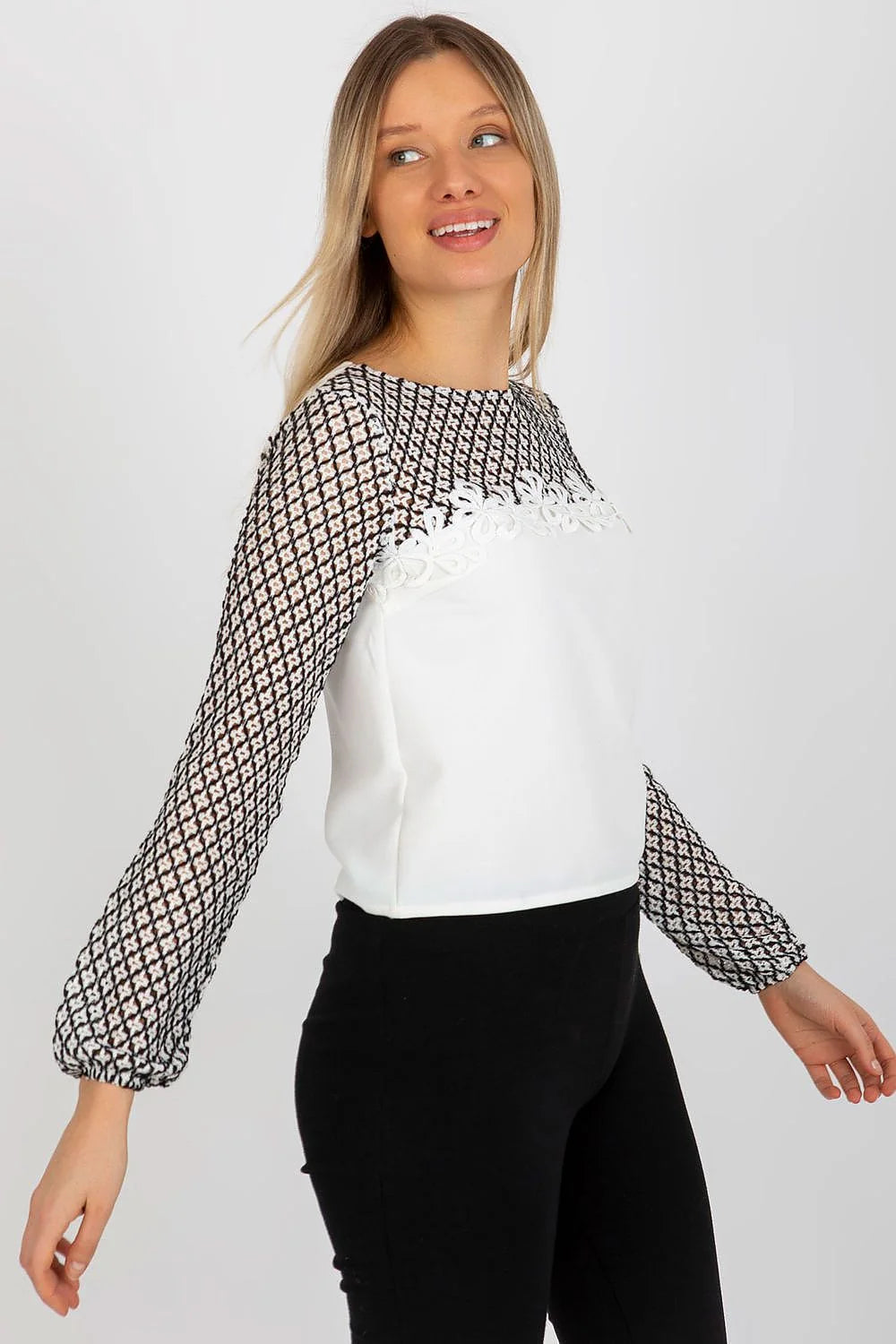 Chemisier Lakerta élégant moderne pour femme manches longues dentelle maille couleur blanche noire polyester coton taille ajustable