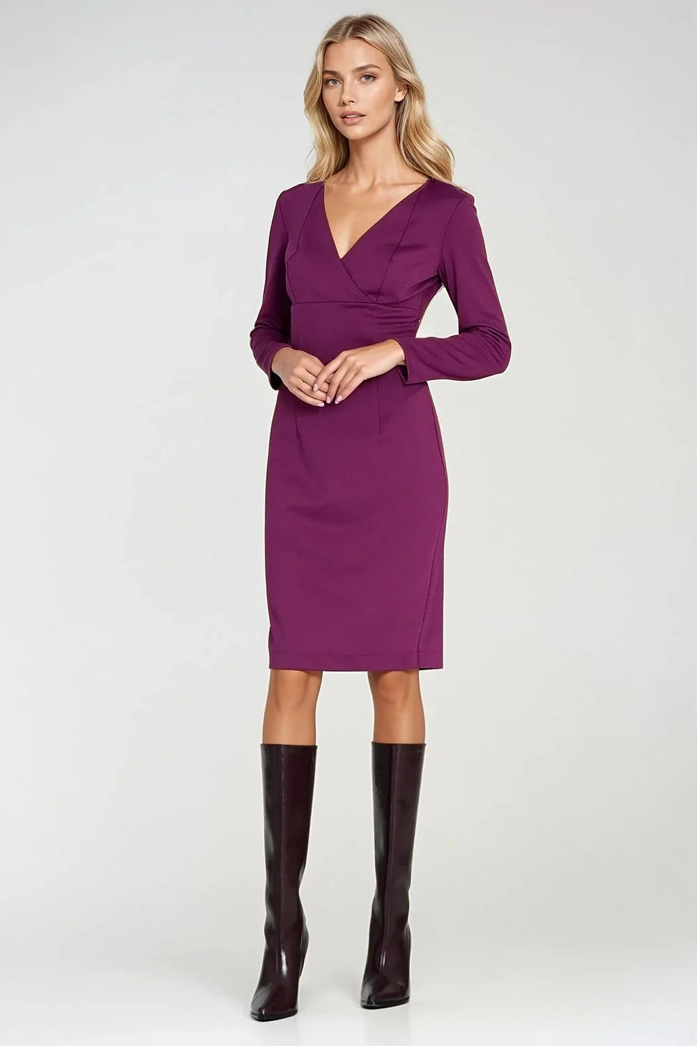 robe ajustée élégante cintrée décolleté cache coeur V manches longues jupe crayon genoux fermeture invisible tissu extensible doux viscose spandex