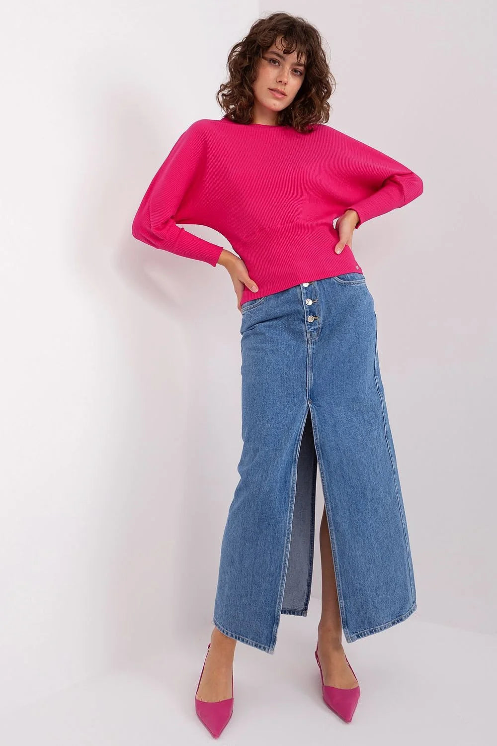 top coton côtelé fuchsia manches longues chauve souris ajusté taille cintrée ample buste col rond maille fine poignets ajustés chic
