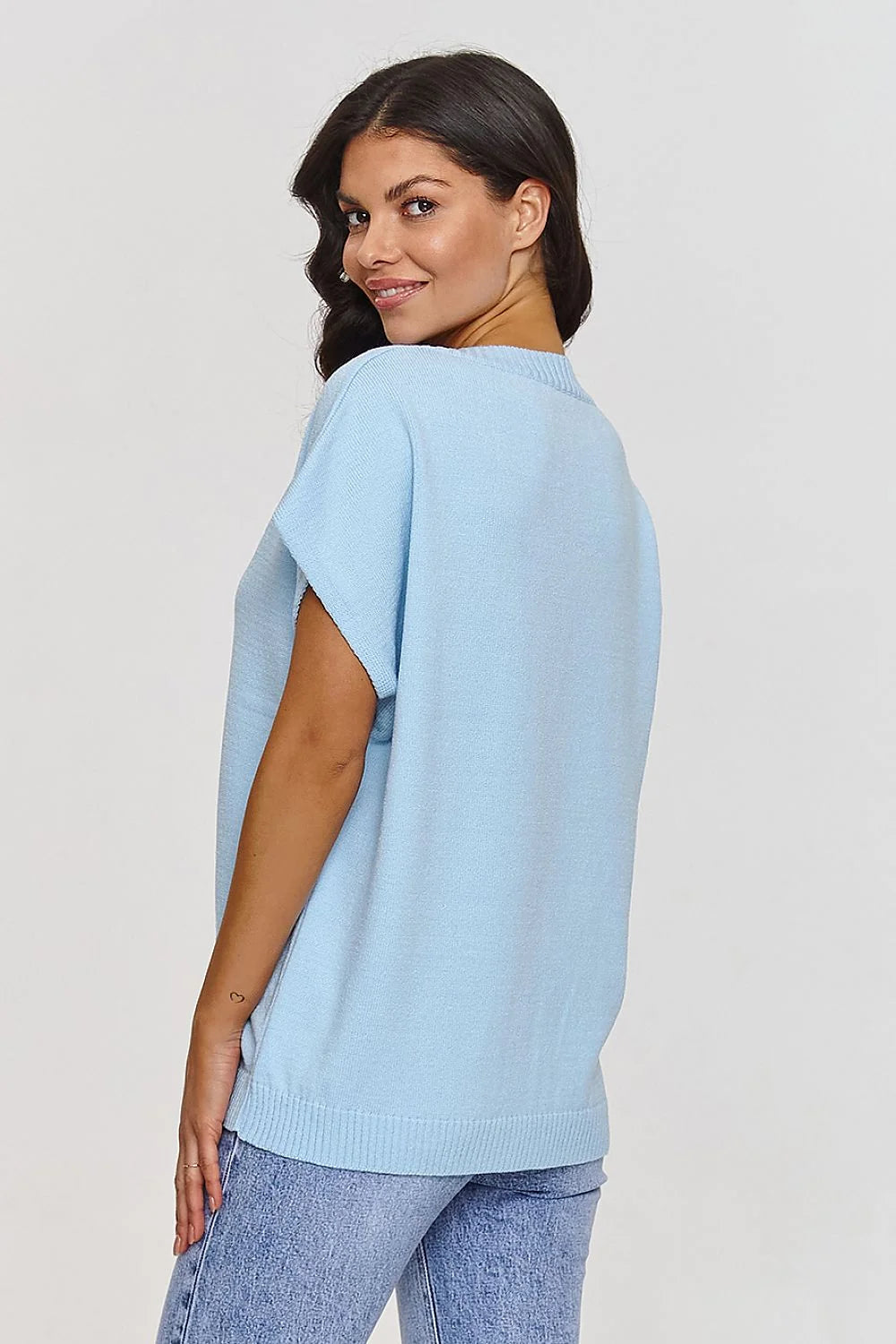 Pull pour femmes en maille V-neck casual chic bleu ciel maille fine manches courtes coupe ample bandes côtelées élastiquées
