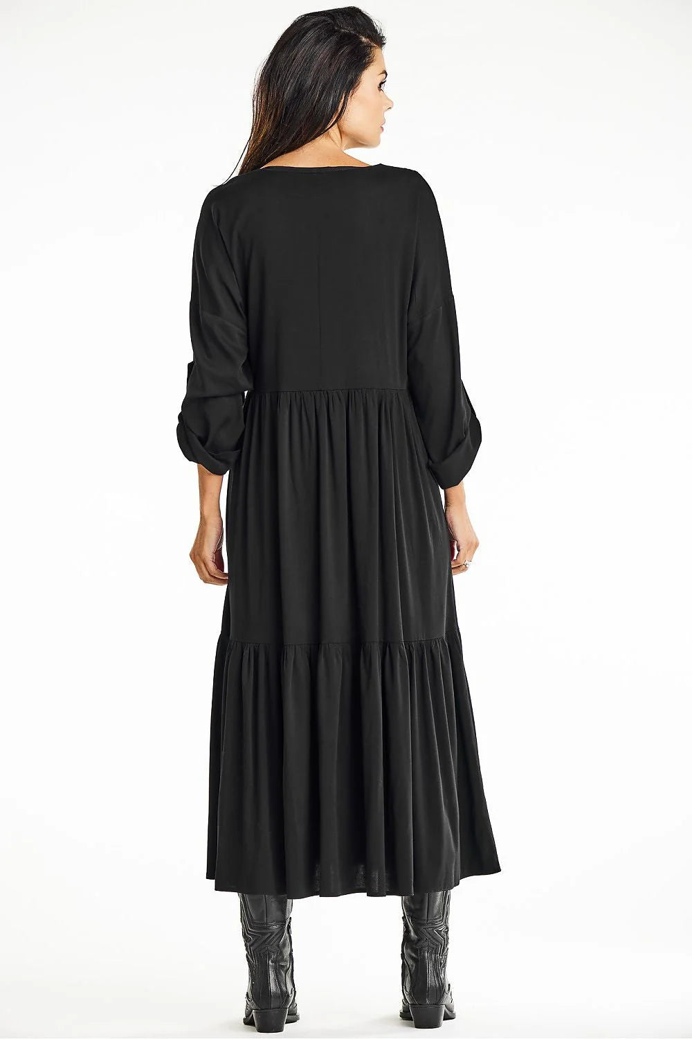 Robe de jour awama longue ample en viscose noire manches longues col V taille haute femme