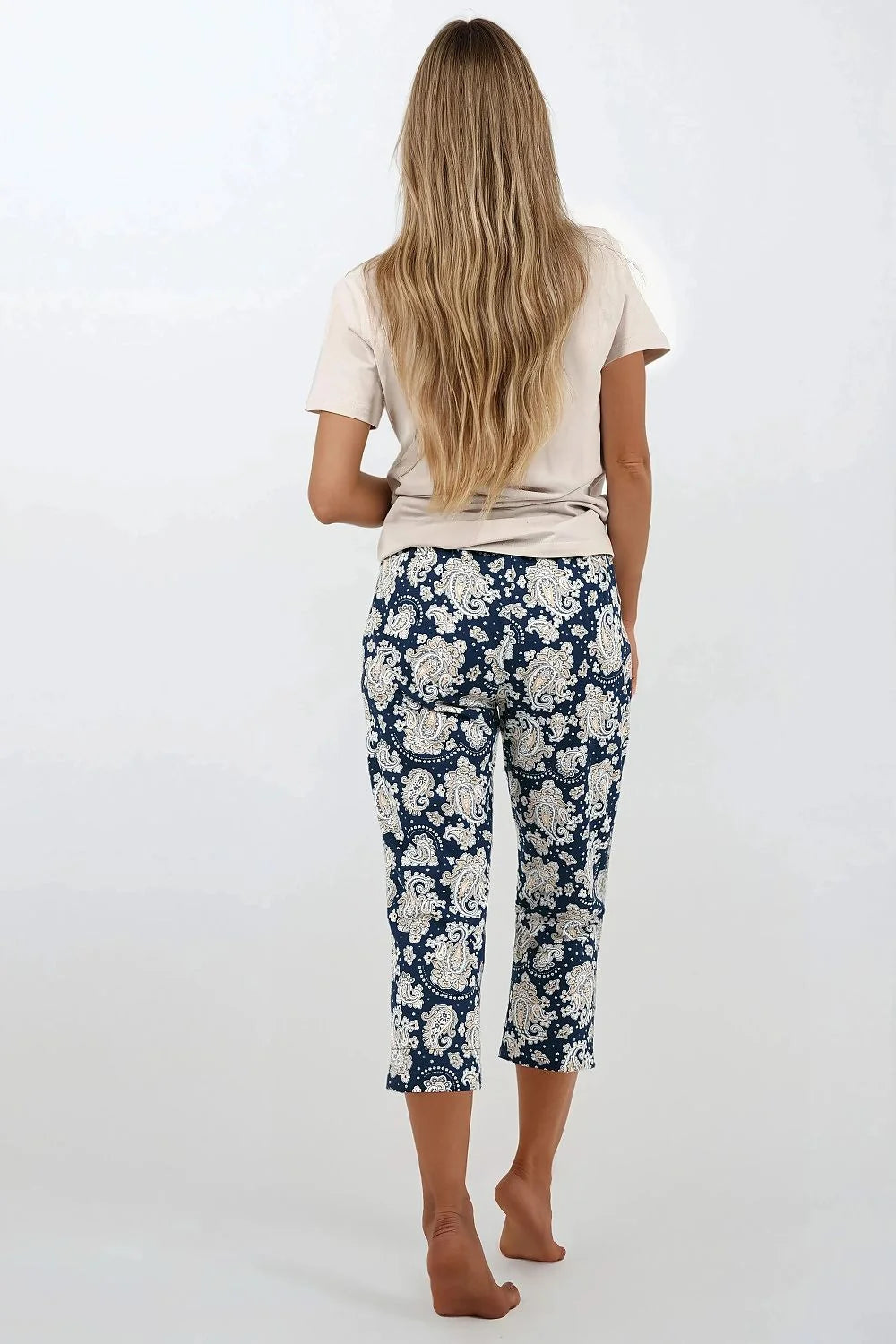 pyjama femme élégant ample confortable coton doux respirant haut col rond manches courtes pantalon jambe droite taille élastique imprimé paisley