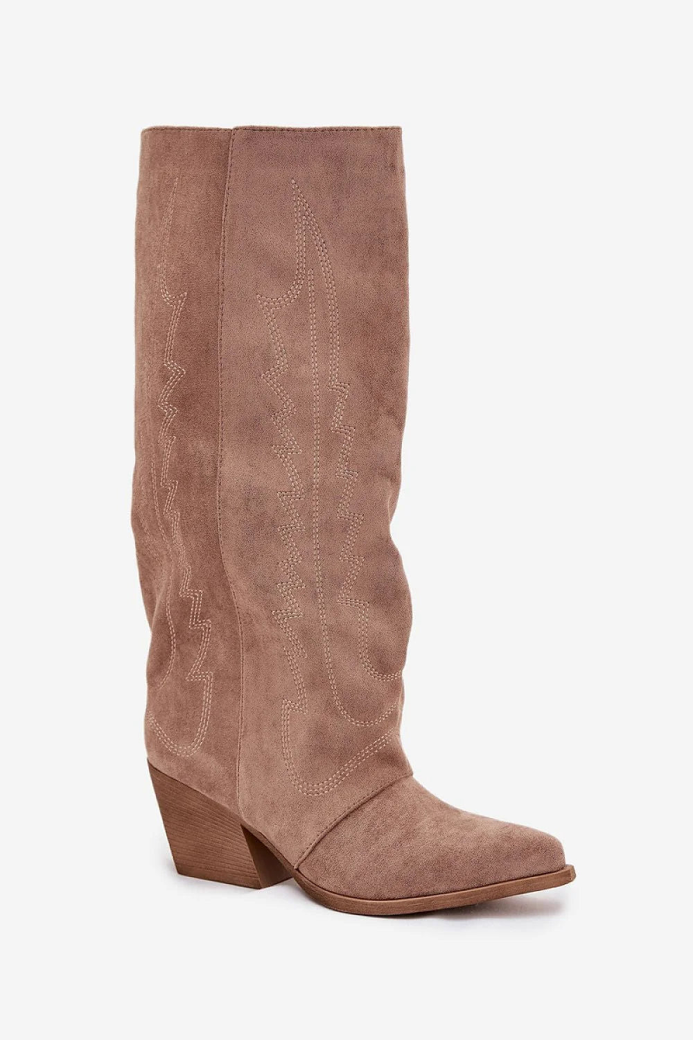bottes femme cowgirl suède taupe talon bloc moyen bout pointu tige genou fermeture éclair intérieure surpiqûres décoratives