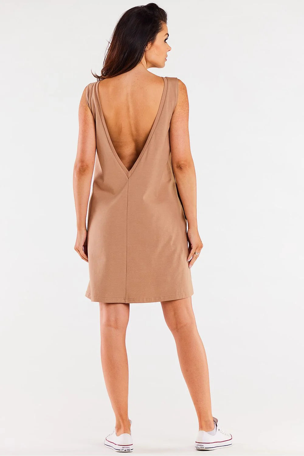 robe ample sans manches coupe droite minimaliste camel beige jersey coton lycra doux stretch poches discrètes col rond dos v