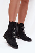 bottines suède noir femme cheville western chic bout pointu talon bas carré zippé semelle caoutchouc appliqués floraux ornés strassés confortables