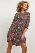 Robe de jour féminine à motifs floraux en viscose 100% coupe trapèze manches 3/4 encolure bateau pour femme