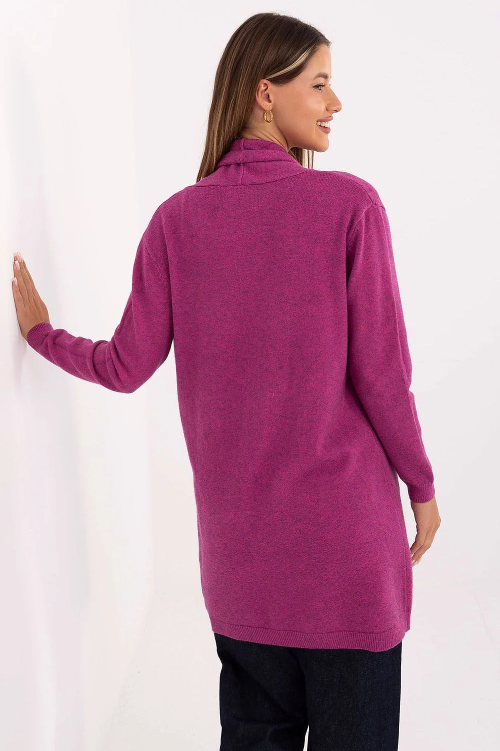 cardigan gilet femme fuchsia maille fine col châle manches longues coupe décontractée poches plaquées bords côtelés ourlet longueur mi cuisse