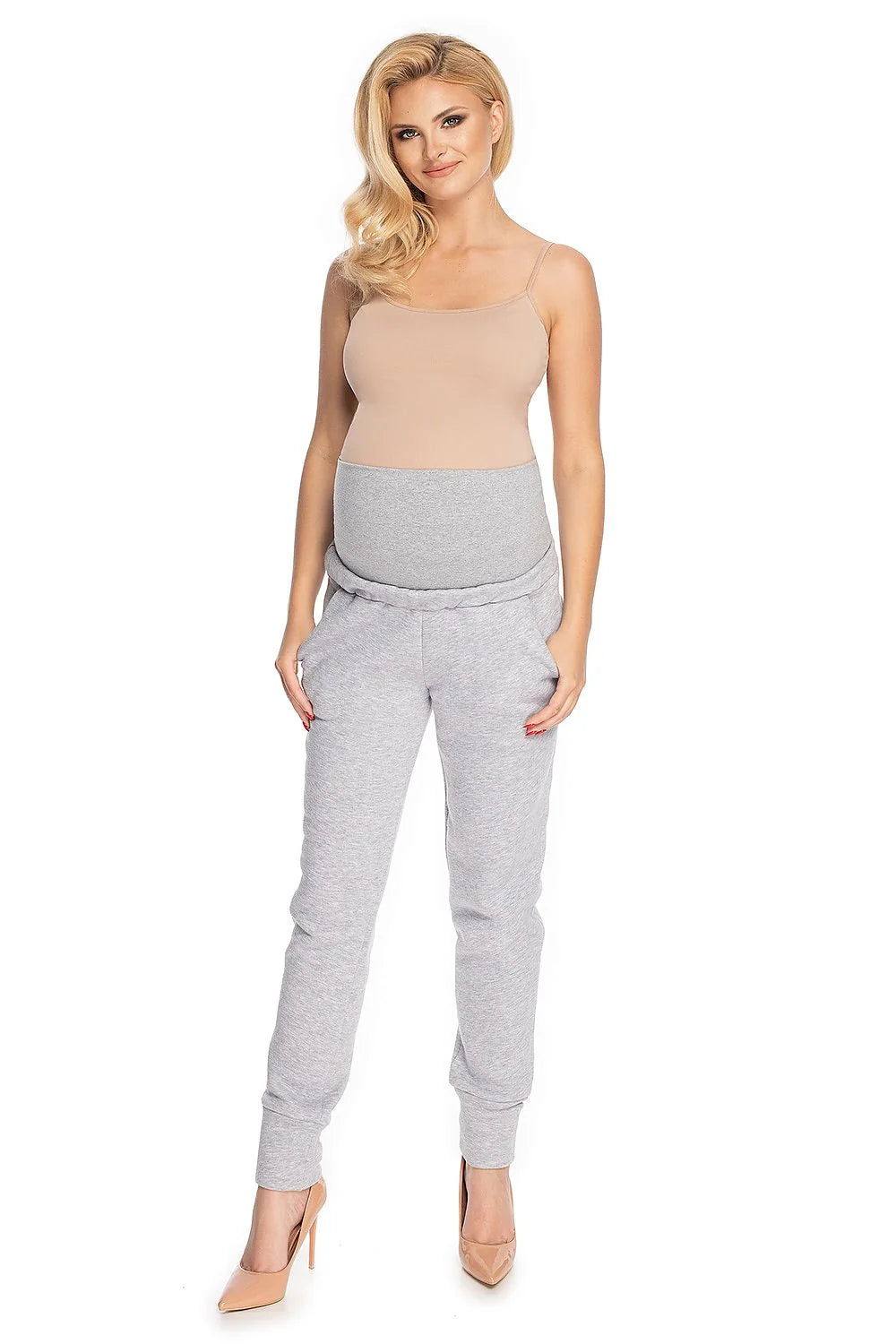 Pantalon maternité coton extensible confortable coupe ample gris chiné ceinture élastique haute futures mamans