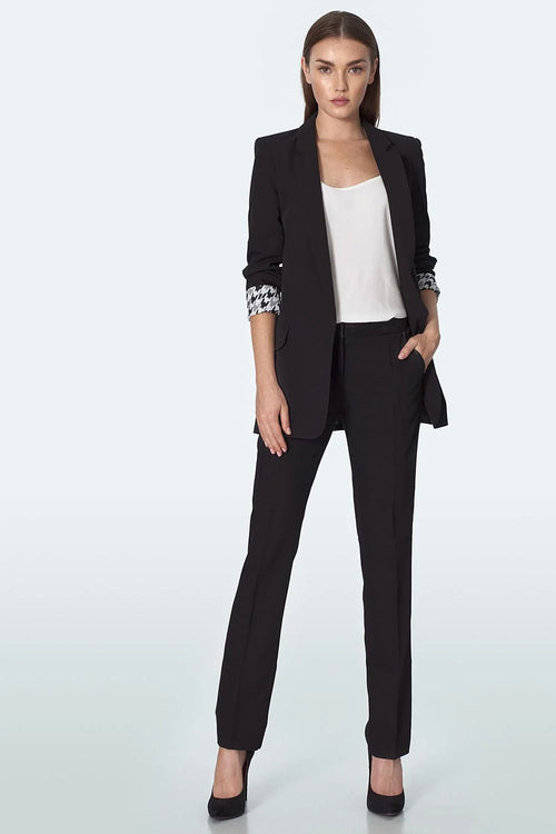 blazer femme longline noir coupe droite col tailleur epaules structurees tombee fluide manches retroussees doublure pieddepoule contrastee tissu crepe stretch