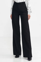 Pantalon long pour femme, coupe ajustée, taille haute, jambes larges, design moderne, élégant, couleur noire, occasion professionnelle, look intemporel, matière douce, fermeture discrète, poches pratiques