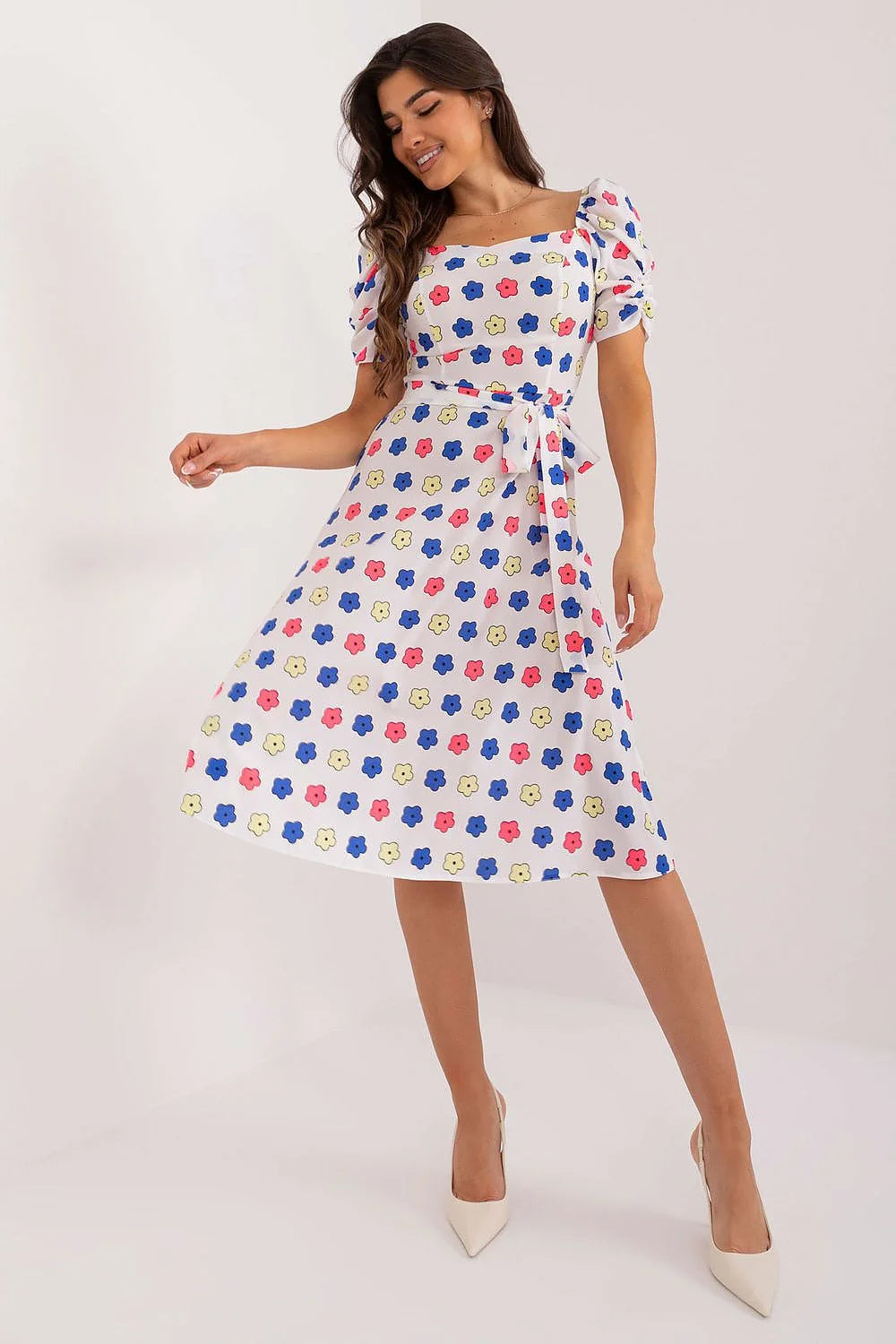 Robe de jour Lakerta pour jeune fille robe été motif floral bleu rose jaune encolure carrée manches bouffantes ceinture ajustable