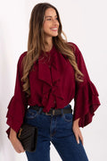chemisier femme bordeaux viscose fluide léger sans col manches longues volants superposés jabot encolure ronde boutonné coupe classique