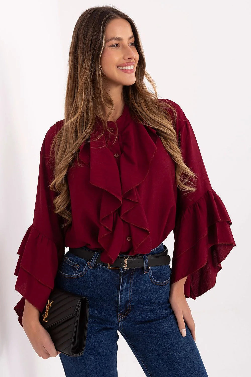 chemisier femme bordeaux viscose fluide léger sans col manches longues volants superposés jabot encolure ronde boutonné coupe classique