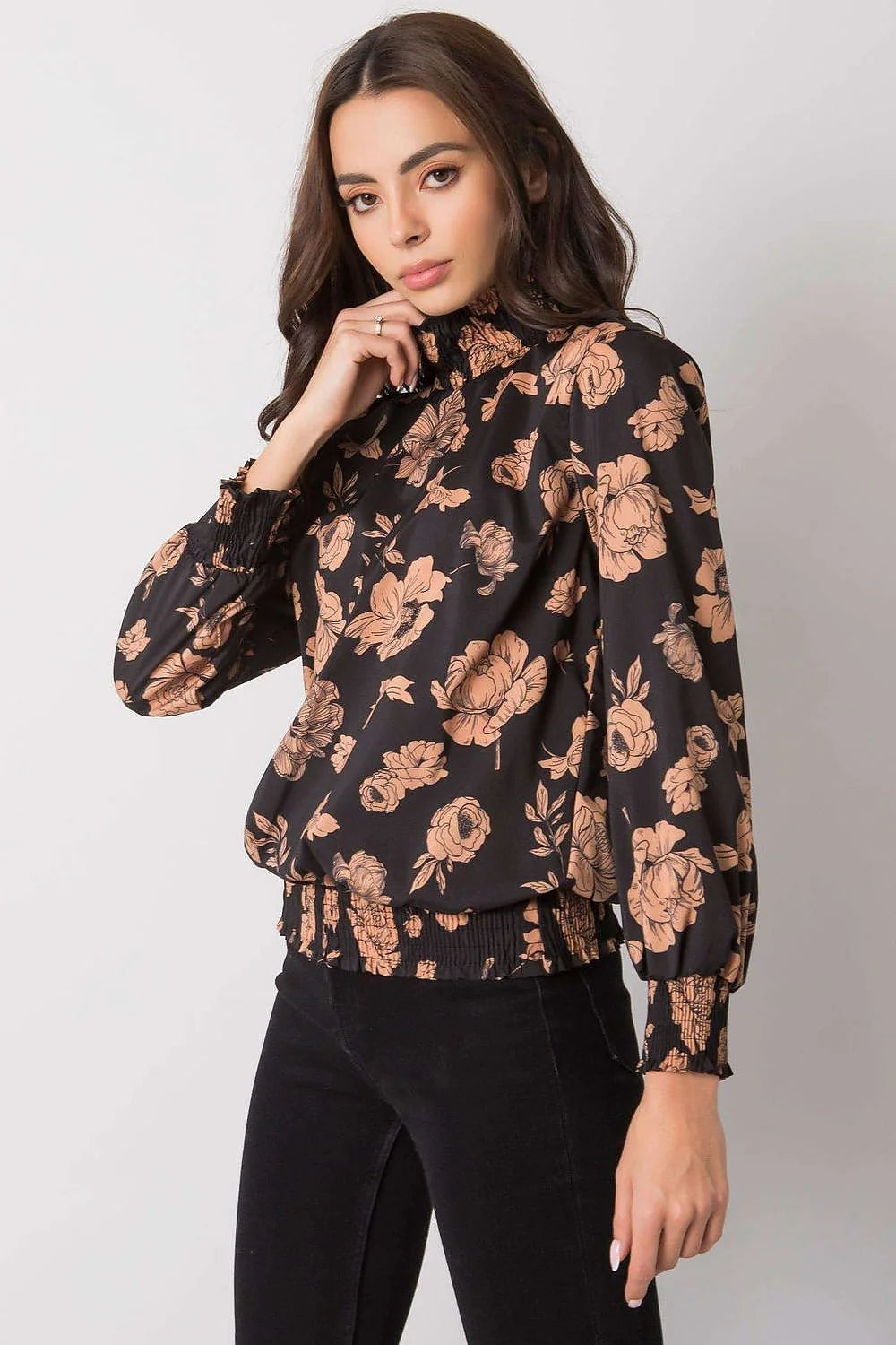 Chemisier fleuri noir polyester chic élégant ample manches longues col montant femme moderne