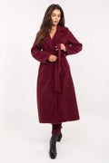 manteau long ceinturé femme bordeaux bouclé polyester col tailleur manches longues coupe droite double boutonnage ceinture nouée poches latérales discrètes