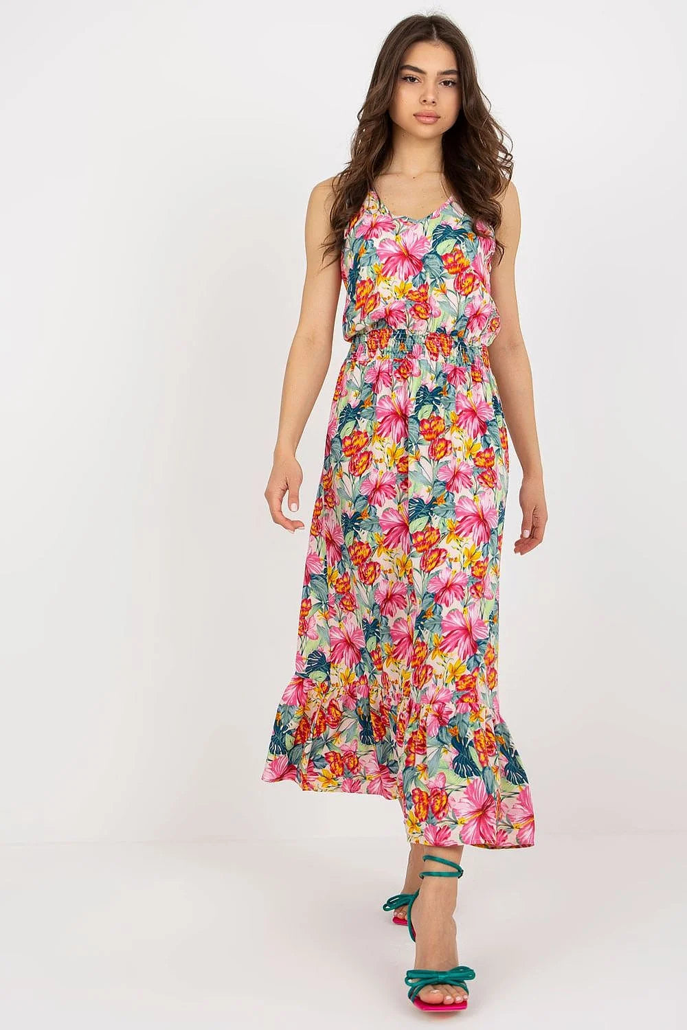 Robe d'été longue à motifs floraux, viscose 100%, taille élastiquée, décolleté en V, ourlet à volants, robe féminine, style décontracté, sandales assorties