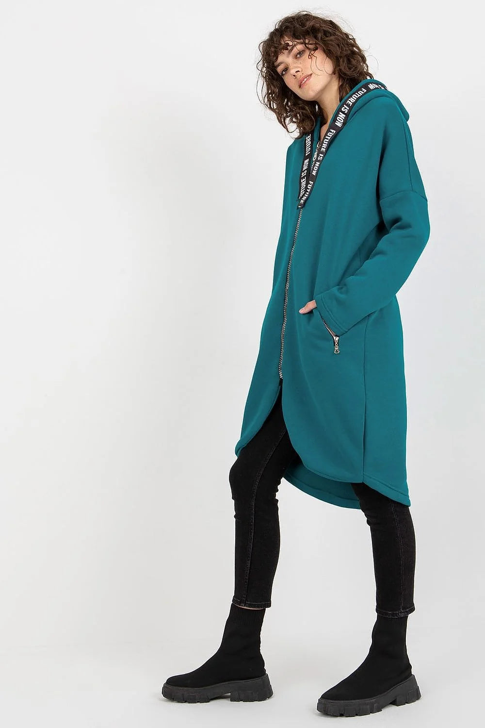 Manteau Femme Style Contemporain Urban Asymétrique Bleu Sarcelle Matière Confortable Coupe Amples Manches Longues Capuche Zippée Poches Latérales Zippées Occasions Daily Casual Chic