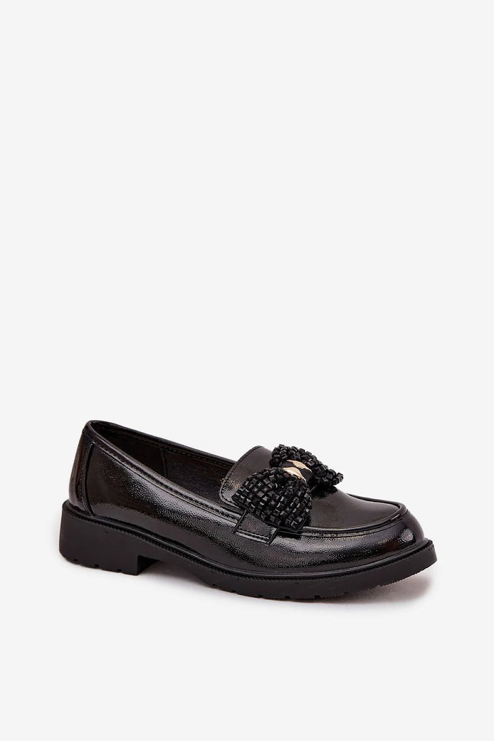 SBarski mocassins femme vernis noir loafers slipon moderne confortable talon bas compensé semelle crantée épaisse nœud tressé orné métallique doré