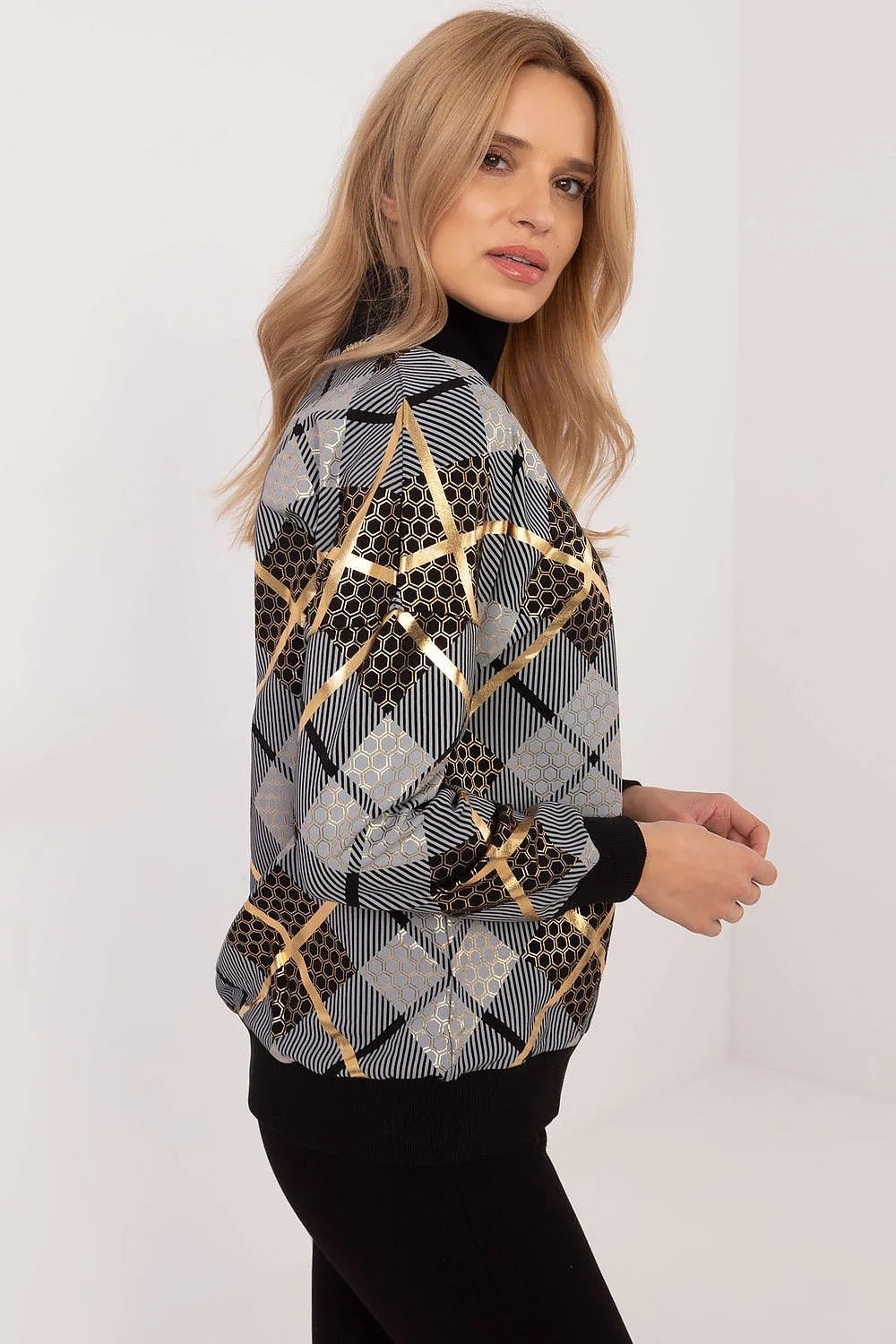 Sweatshirt femme moderne style sophistiqué motif carreaux couleurs doré noir gris longues manches col montant Amour Paris