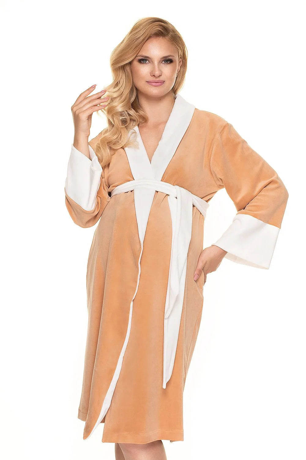 Peignoir maternité en velours doux, confortable, bleu clair, avec ceinture ajustable, pour futures mamans élégantes