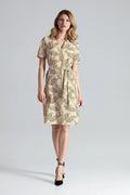 robe chemise ceinturée mi longue genoux manches courtes col V coupe droite féminine imprimé animal beige doré fluide polyester