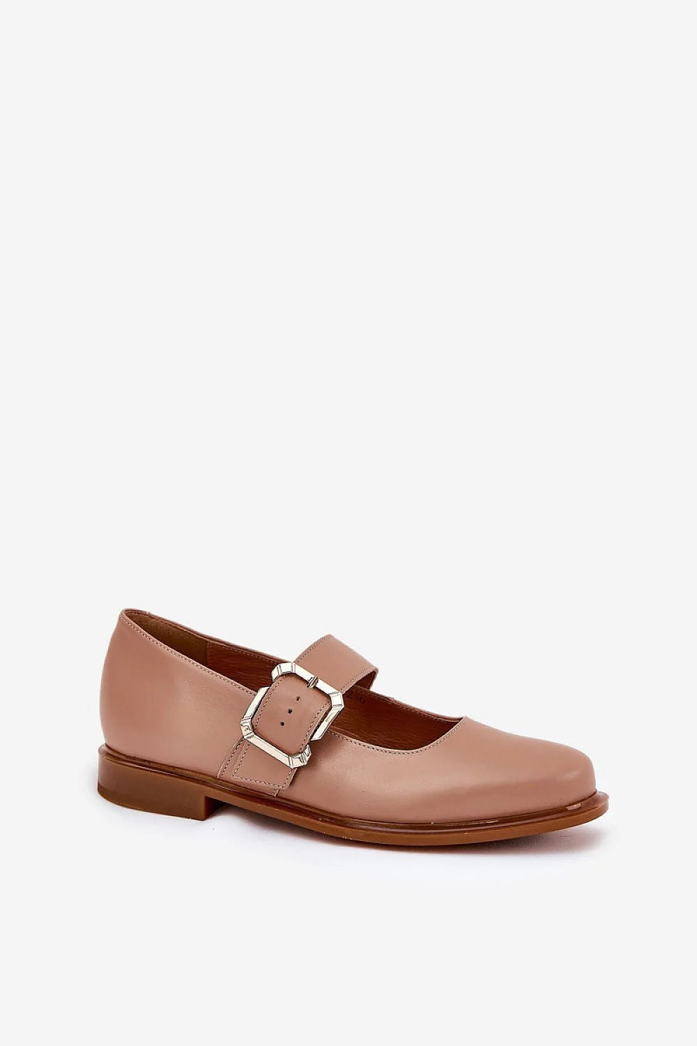 Chaussures basses pour femmes style Mary Jane cuir haute qualité talon plat bout arrondi bride métallique beige