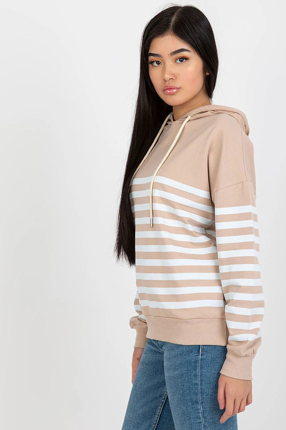 Sweatshirt Rue Paris pour femme manches longues capuche style décontracté motif rayé coton 95% elasthanne 5% Taille S M L