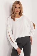 Chemisier élégant moderne femme coupe ample manches longues ouvertures boutons col rond matière douce blanc pur