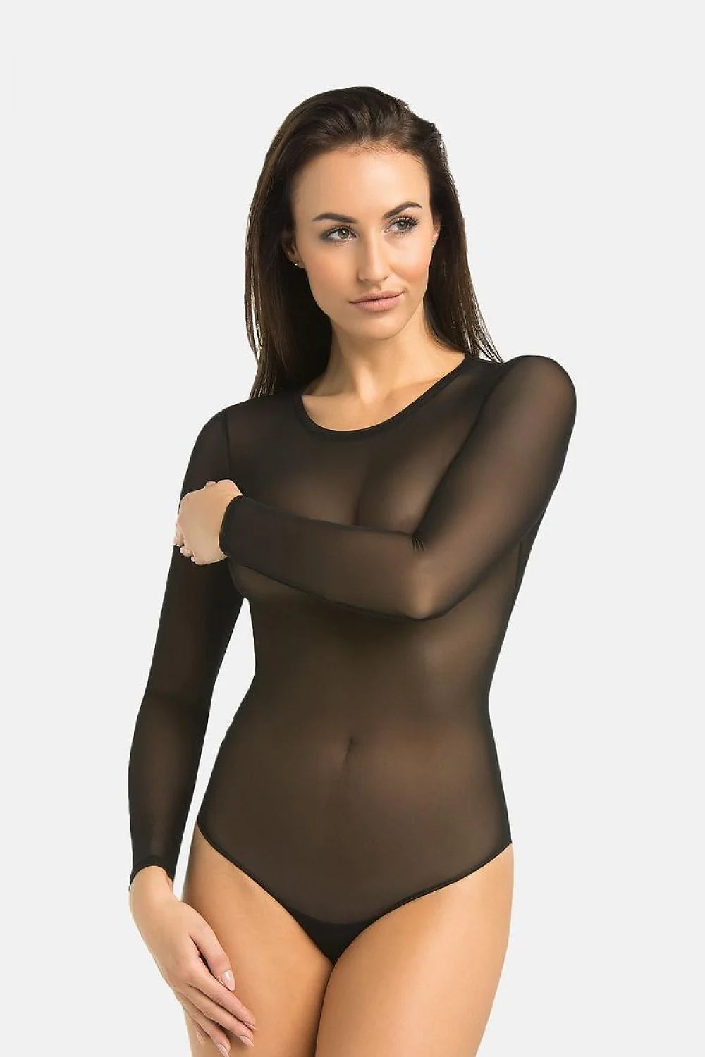 Body féminin maille transparente noire manches longues encolure structurée agrafes réglables coton intérieur elasthanne viscose XS S M L XL