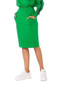Jupe crayon femme moderne épurée couleur verte vif tissu coton élastane taille élastique poches avant genoux slim look urban décontracté